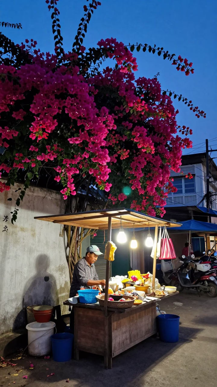 Phnom Penh Market Stall at The Predawn Darkness Light in in Phnom Penh, Cambodia