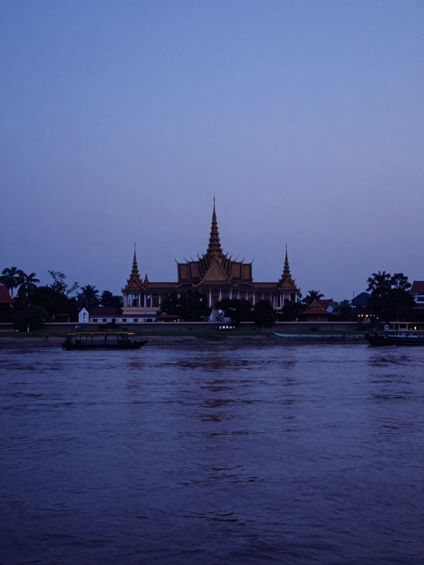 Phnom Penh Mekong River And Royal Palace at The Last Blue Light Of Evening in in Phnom Penh, Cambodia