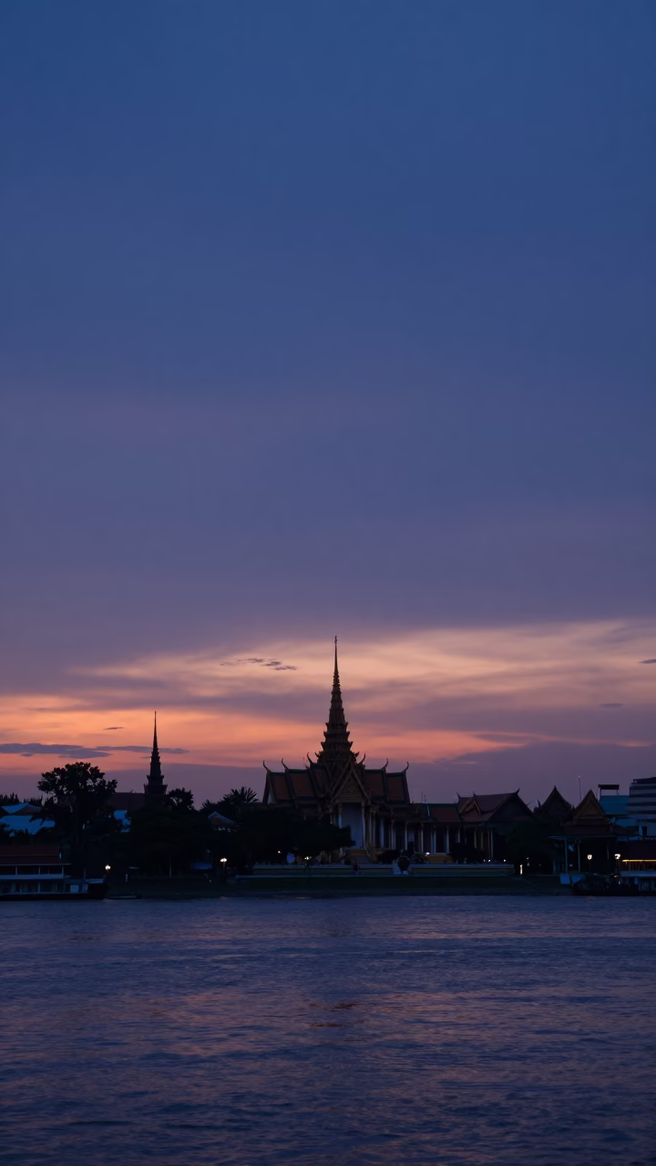 Phnom Penh Nautical Dawn Skyline View of Mekong River and Royal Palace in in Phnom Penh, Cambodia