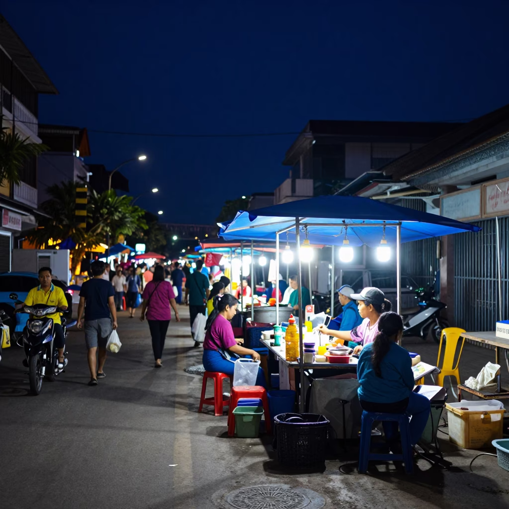 Phnom Penh Night Market Street Scene with Vendor Equipment and Urban Activity in in Phnom Penh, Cambodia