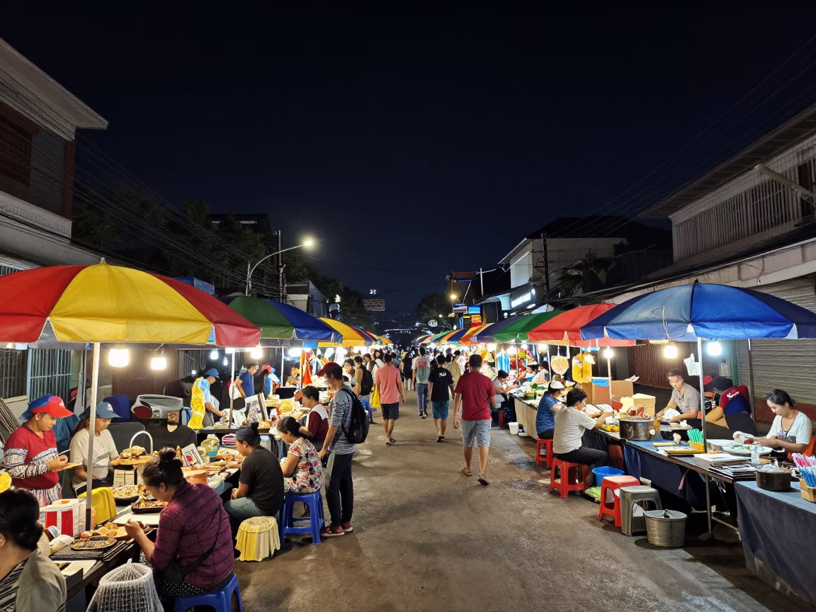 Phnom Penh Night Street Market Scene with Umbrellas and Clipboard Under Dark Sky in in Phnom Penh, Cambodia
