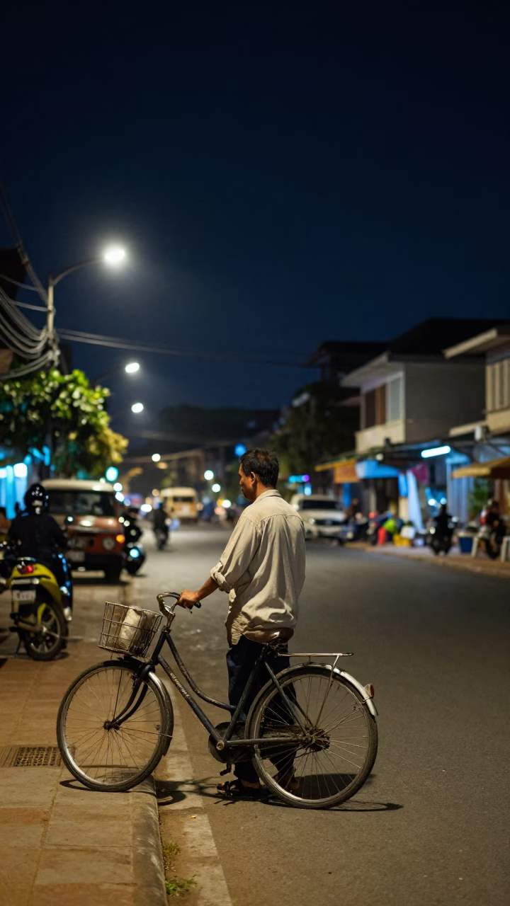 Phnom Penh Night Street Scene Under Deep Sky with Local Vendor and Bicycle in in Phnom Penh, Cambodia