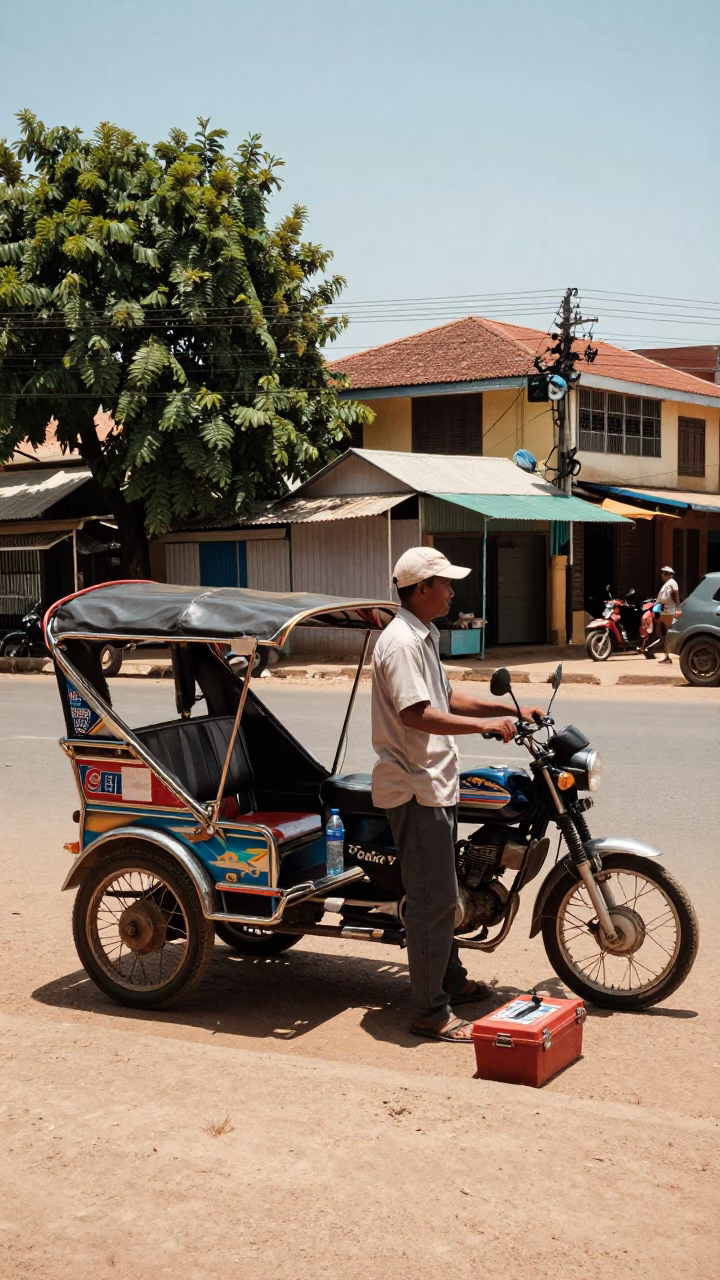 Phnom Penh Noon Street Scene with Water Bottle and Toolbox Near Riverfront in in Phnom Penh, Cambodia