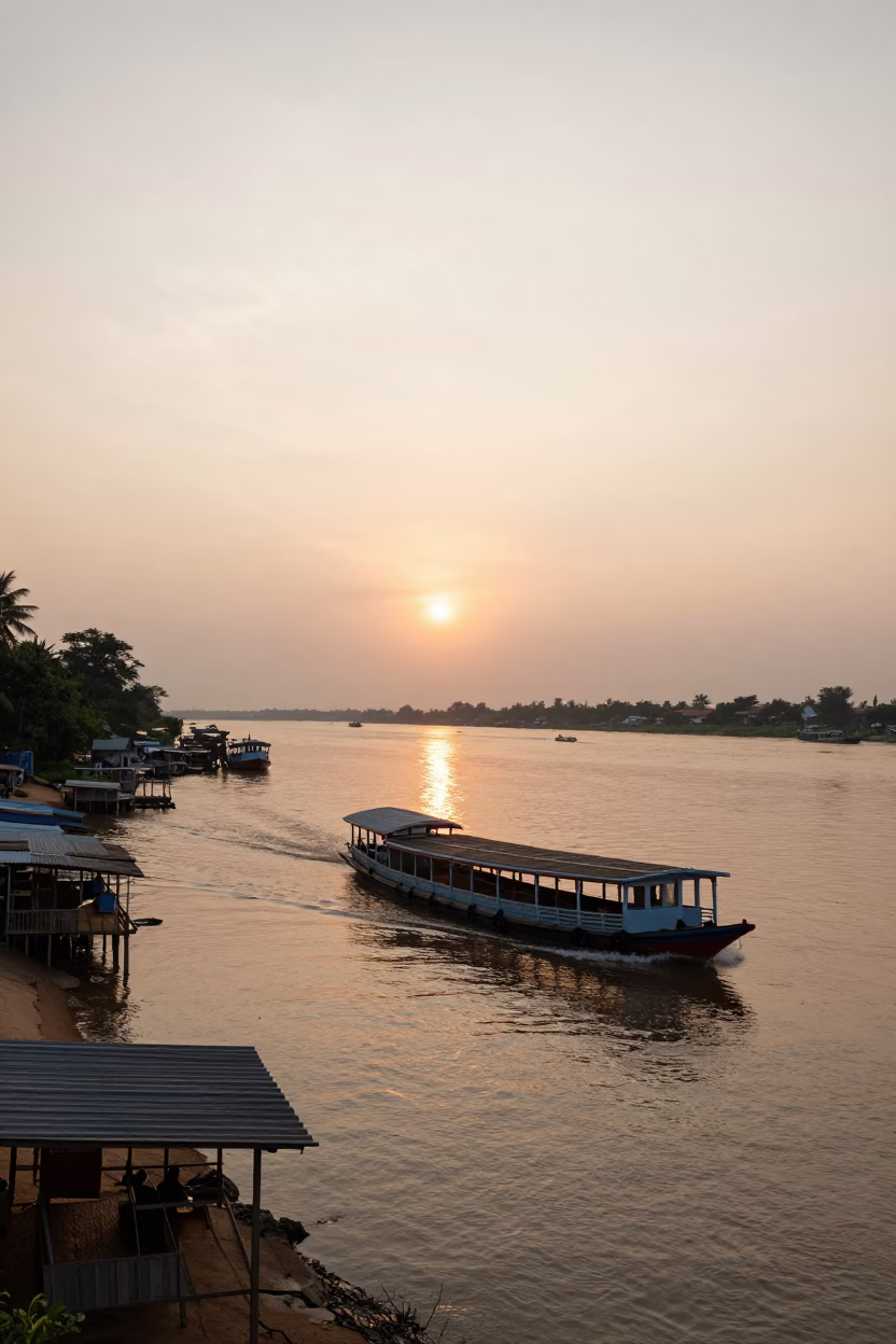 Phnom Penh River Scene at As The Sun Drops Toward The Horizon in in Phnom Penh, Cambodia