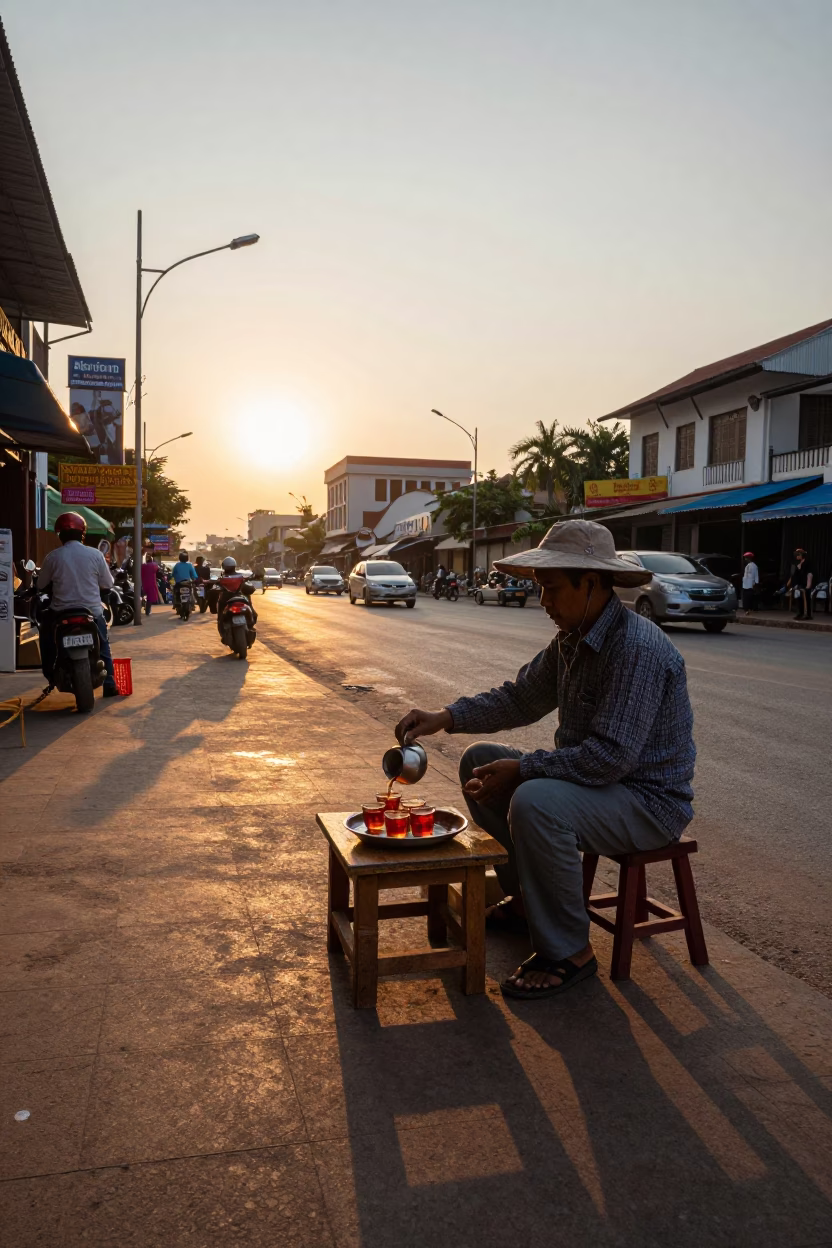 Phnom Penh Selling Tea at As The Sun Drops Toward The Horizon in in Phnom Penh, Cambodia