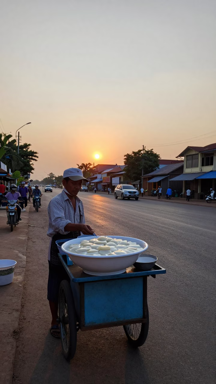 Phnom Penh Serving Taho at As The Sun Drops Toward The Horizon in in Phnom Penh, Cambodia