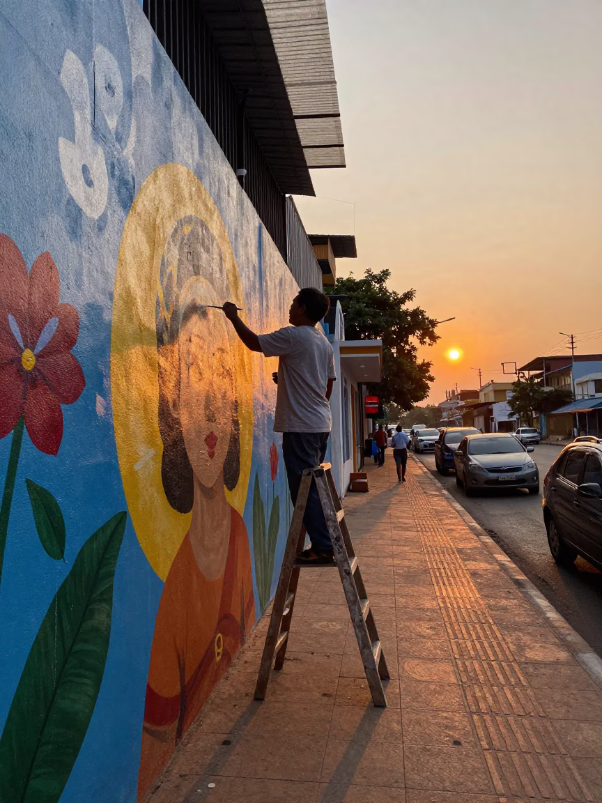 Phnom Penh Street Artist Painting Mural at Sunset in Cambodia in in Phnom Penh, Cambodia