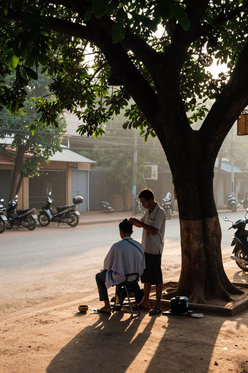 Phnom Penh street barber trimming hair under a tree just after sunrise in in Phnom Penh, Cambodia