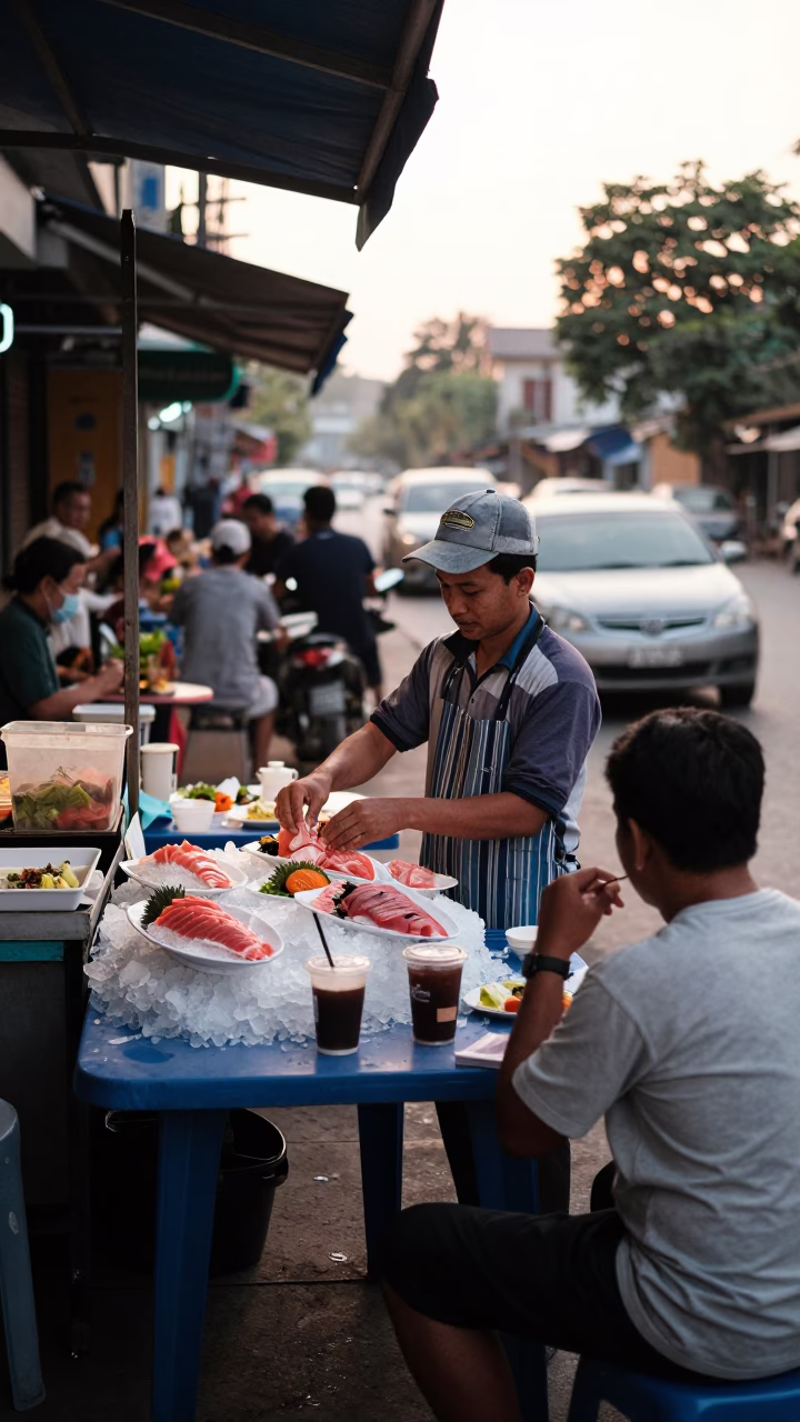 Phnom Penh street breakfast scene with sashimi and coffee near riverside in in Phnom Penh, Cambodia