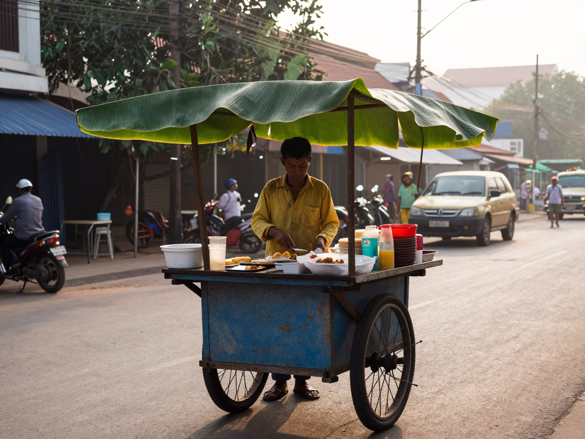 Phnom Penh street breakfast stall with banana leaf and morning light after sunrise in in Phnom Penh, Cambodia