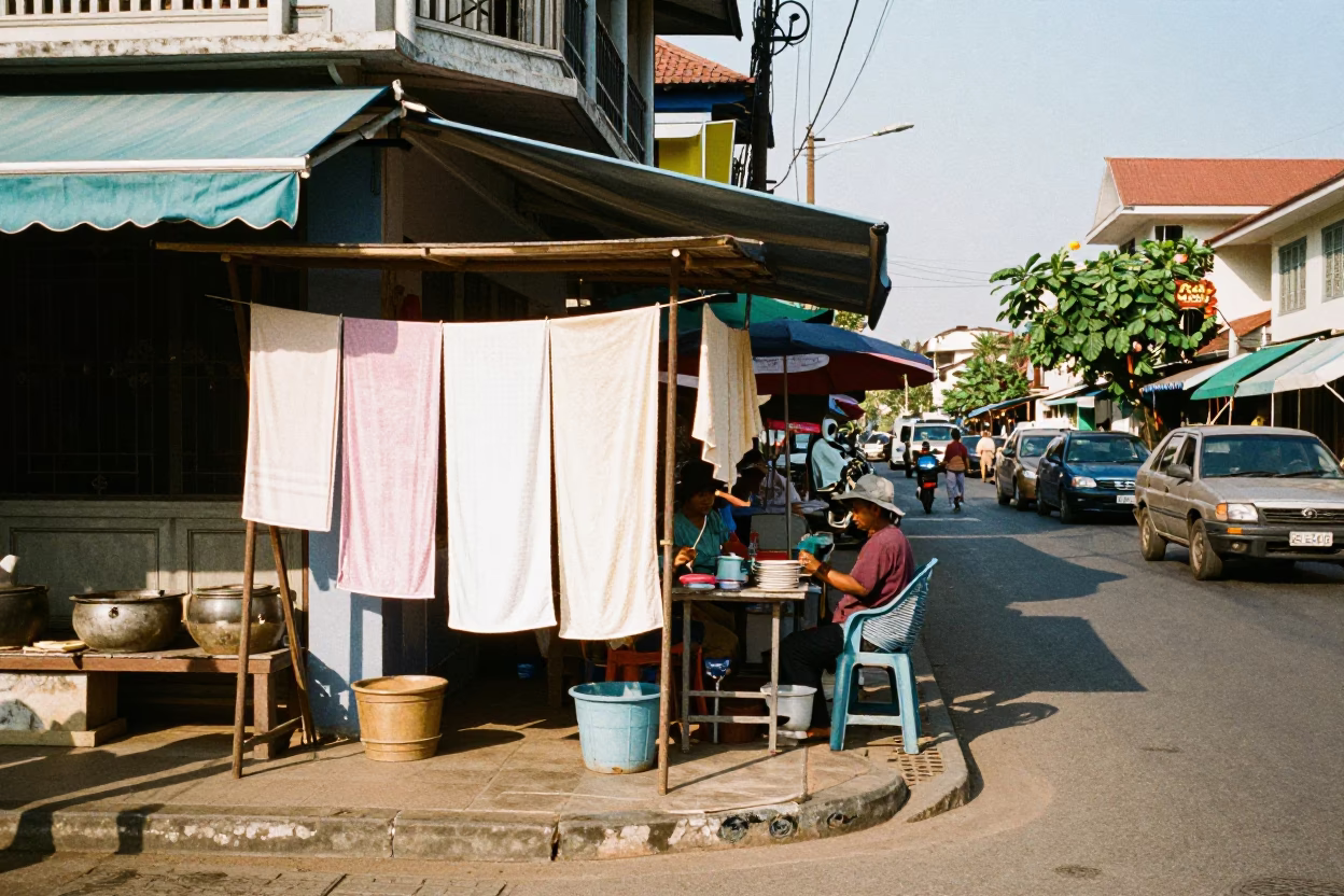 Phnom Penh Street Corner Afternoon Life With Hanging Towels And Glass in in Phnom Penh, Cambodia
