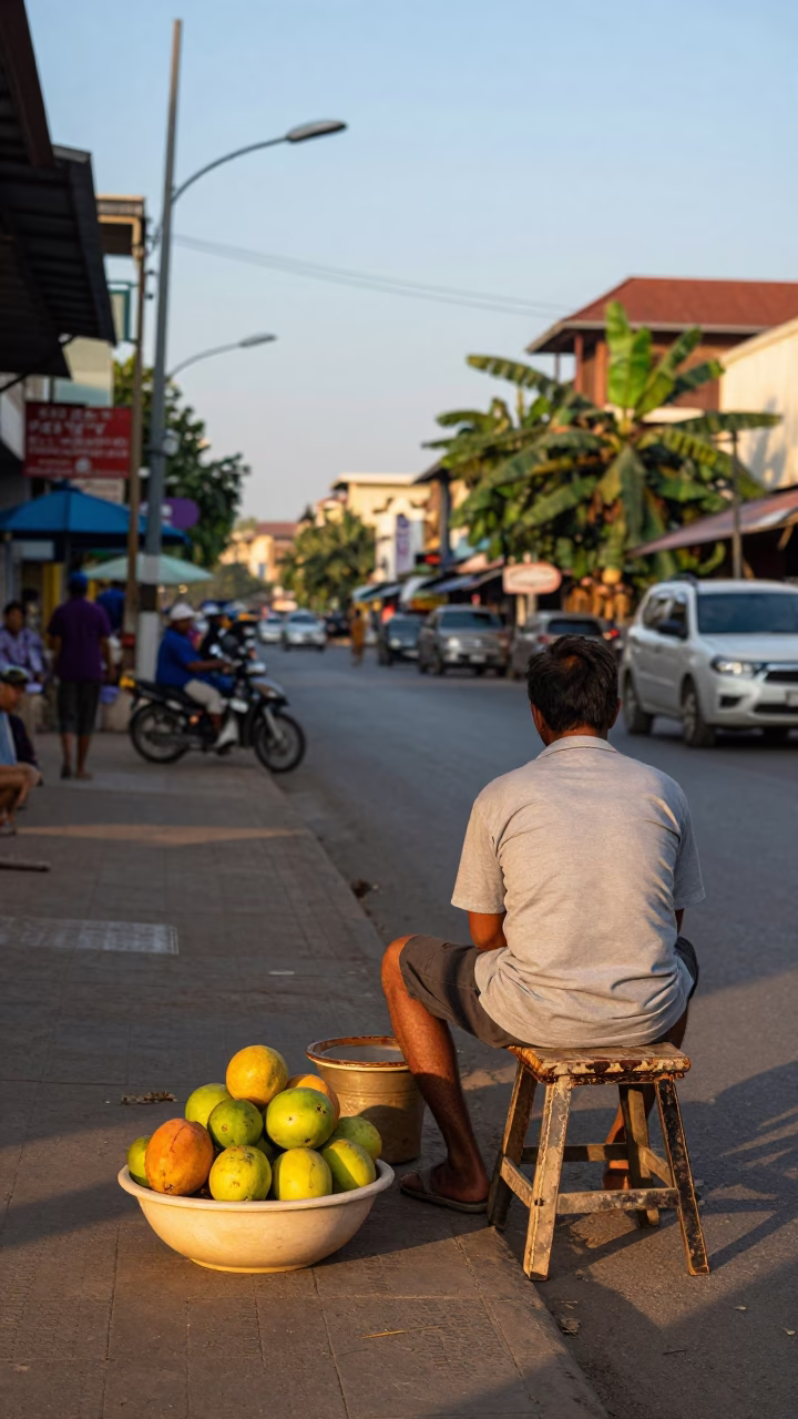 Phnom Penh Street Corner at Clear Late-afternoon Light in in Phnom Penh, Cambodia