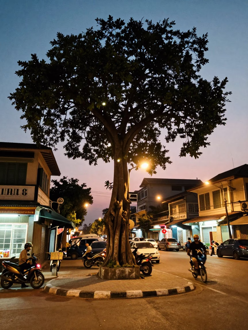 Phnom Penh street corner at dusk with banyan tree and local vendors in in Phnom Penh, Cambodia