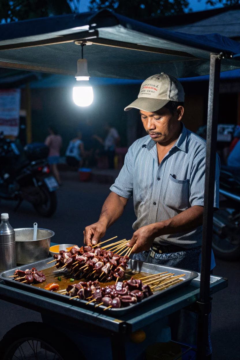 Phnom Penh Street Food Vendor Preparing Anticuchos on Skewers in Predawn Darkness in in Phnom Penh, Cambodia