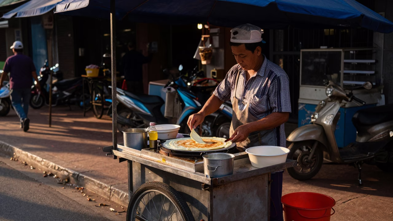 Phnom Penh Street Food Vendor Preparing Jianbing Crepe at Early Evening in in Phnom Penh, Cambodia