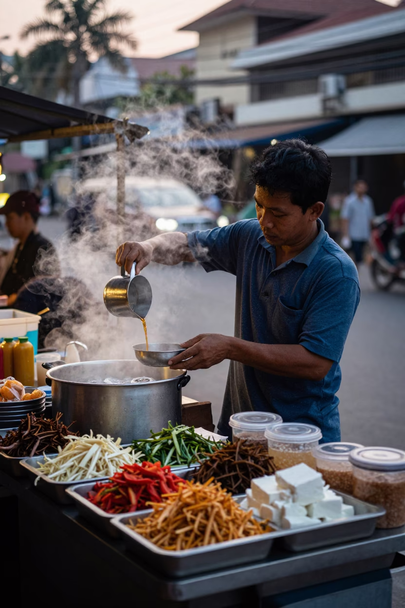 Phnom Penh street food vendor preparing morning coffee and snacks before dawn in in Phnom Penh, Cambodia