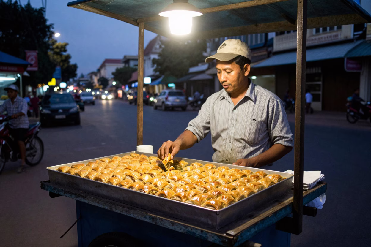 Phnom Penh street food vendor serving baklava at dusk with city lights glowing in in Phnom Penh, Cambodia