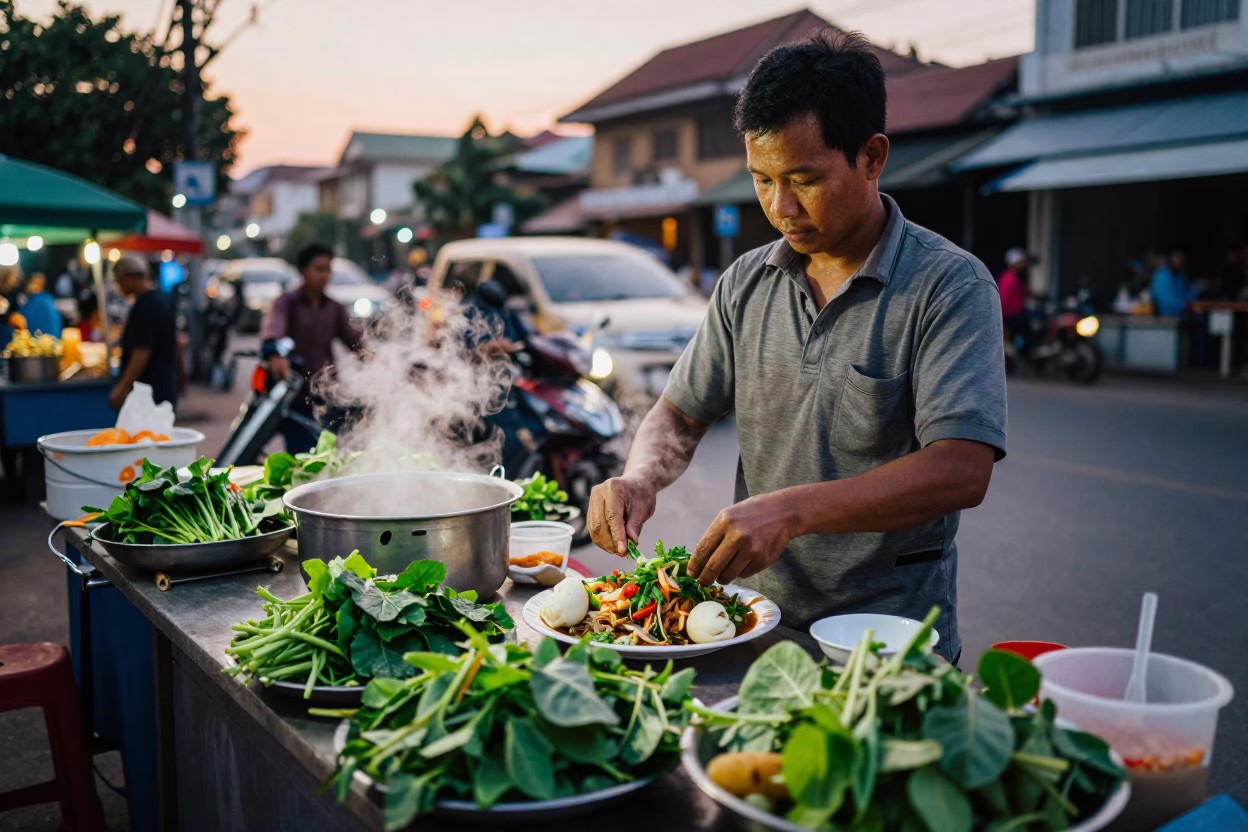 Phnom Penh street food vendor serving bun cha with herbs before dawn in in Phnom Penh, Cambodia