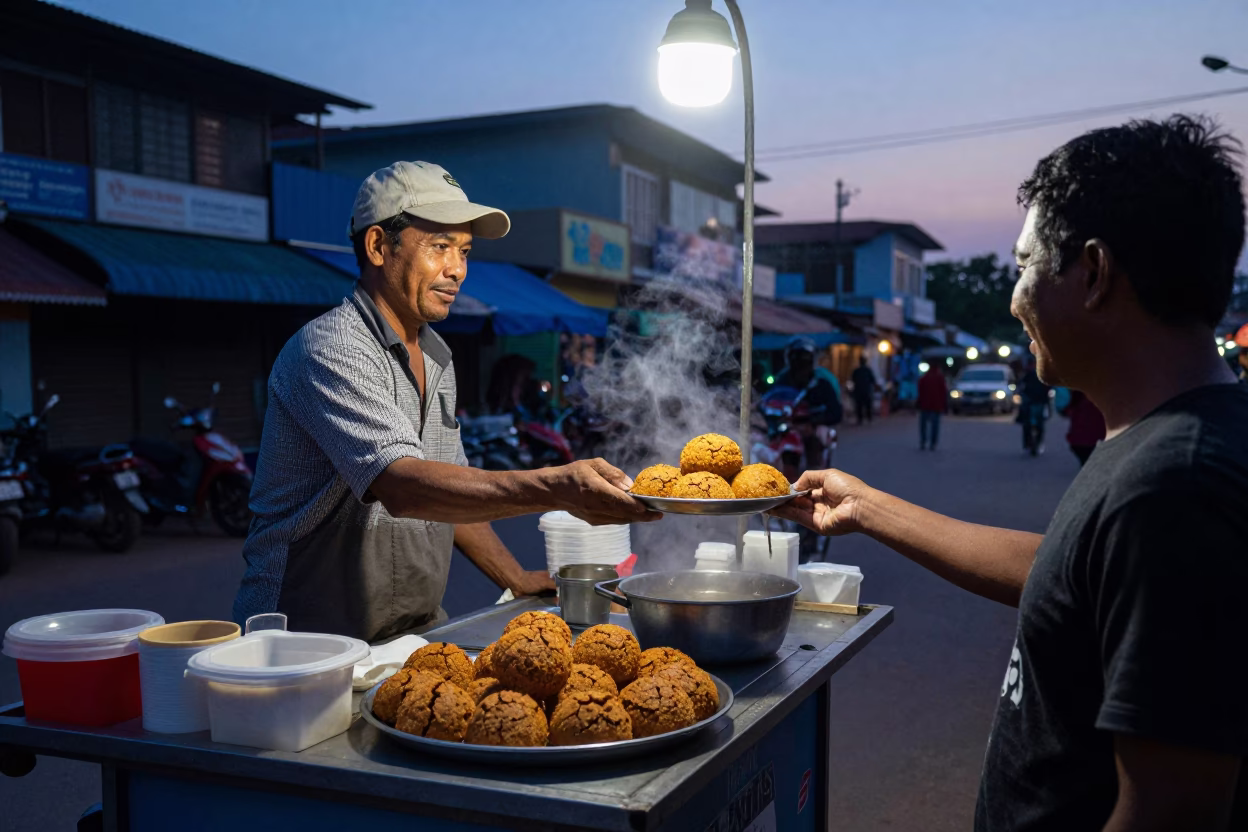 Phnom Penh street food vendor serving hot kibbeh at predawn with local customers in in Phnom Penh, Cambodia