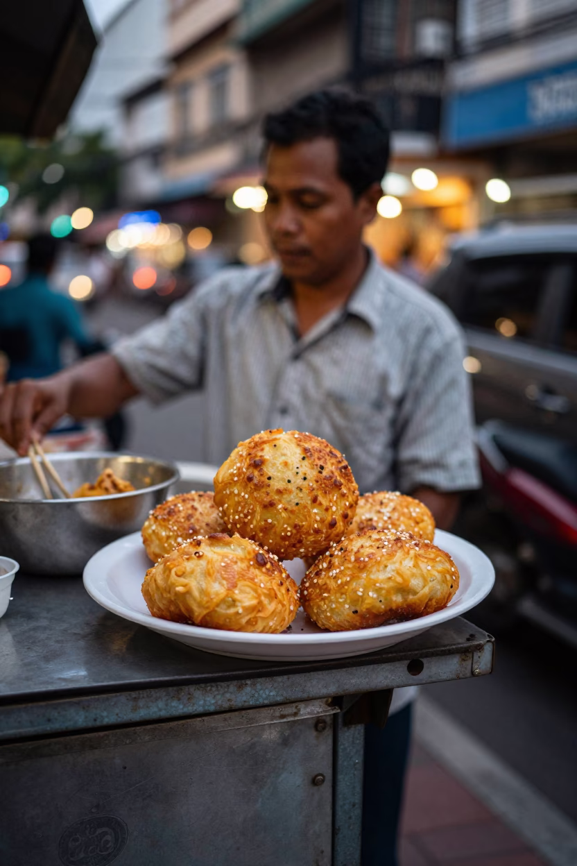 Phnom Penh street food vendor with plate of aloo tikki and chutneys at twilight in in Phnom Penh, Cambodia