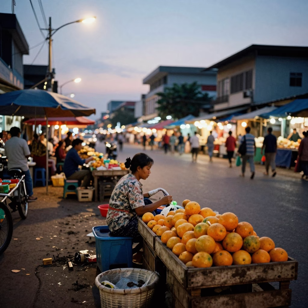 Phnom Penh Street Market Evening Scene with Oranges and Muddy Canal Edge in in Phnom Penh, Cambodia