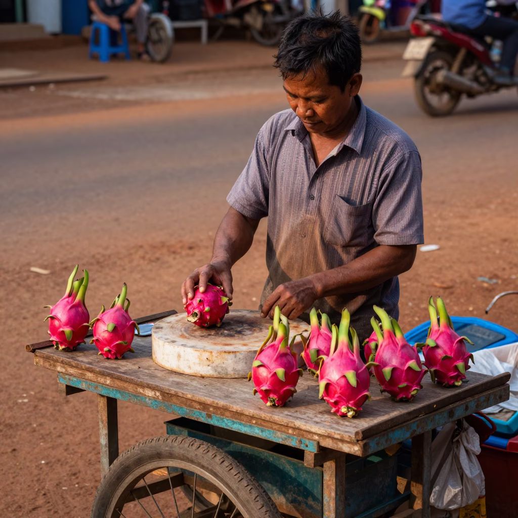 Phnom Penh Street Market Stall Selling Fresh Dragon Fruit Under Early Afternoon Sun in in Phnom Penh, Cambodia