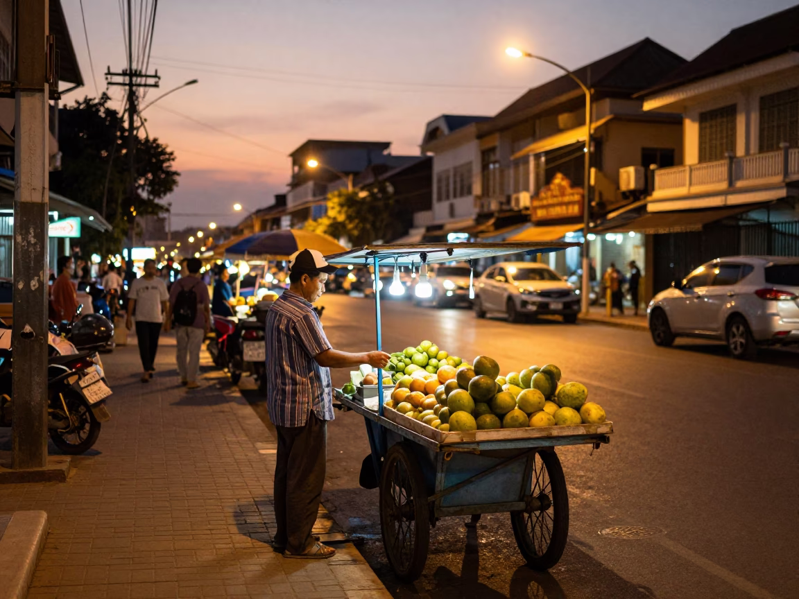 Phnom Penh Street Scene at Dusk with Food Vendor and Urban Traffic in in Phnom Penh, Cambodia