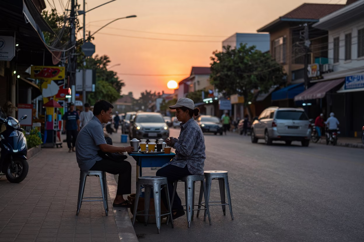 Phnom Penh Street Scene at Dusk with Tea Seller and Metal Stools in in Phnom Penh, Cambodia