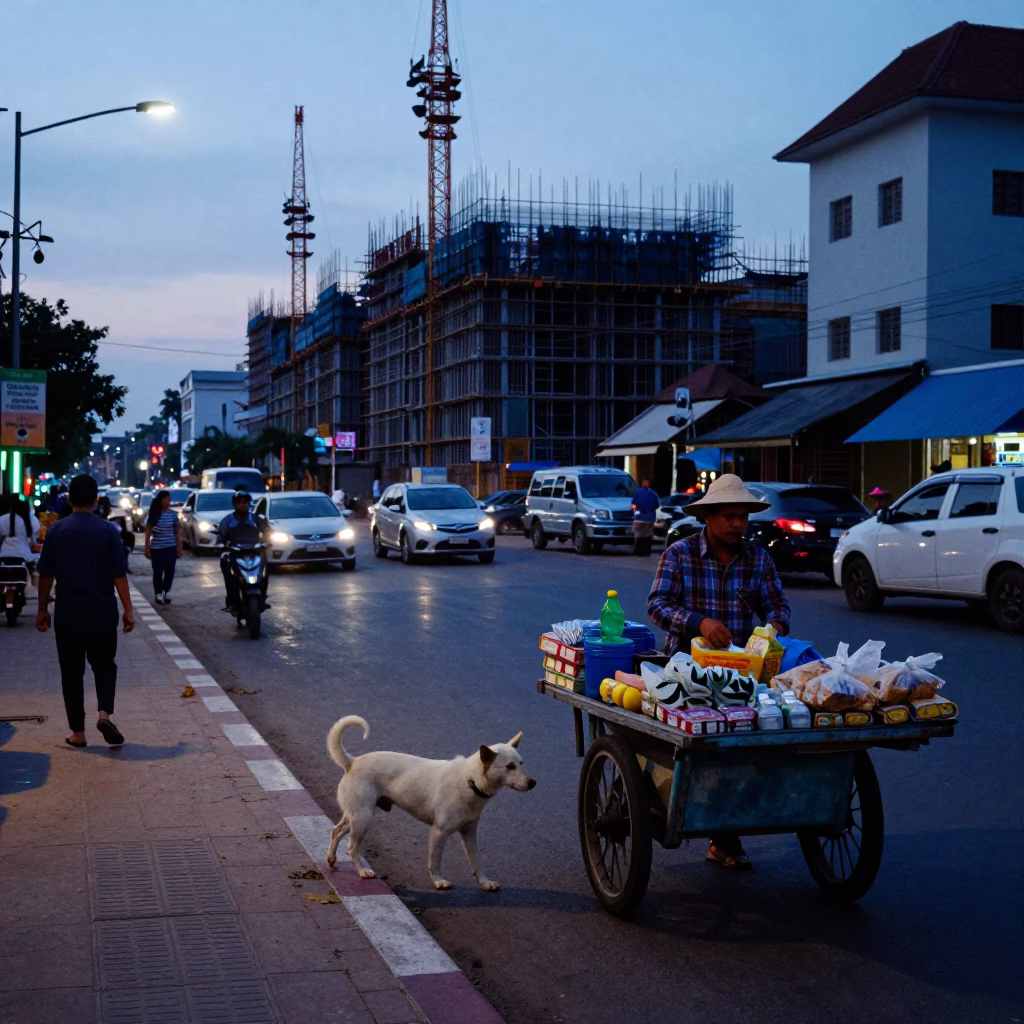 Phnom Penh street scene at nautical dawn with construction site and local activity in in Phnom Penh, Cambodia