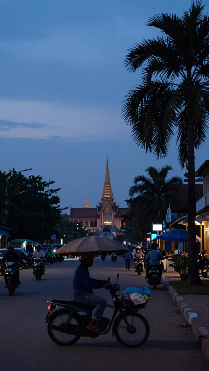 Phnom Penh Street Scene at Nautical Dawn with Local Vendor and Mortar in in Phnom Penh, Cambodia