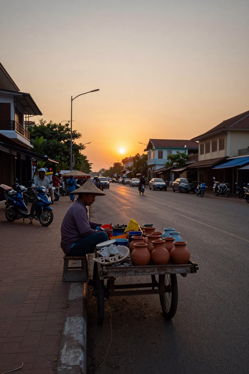 Phnom Penh Street Scene at Sunset with Local Vendor and Pottery Shard in in Phnom Penh, Cambodia