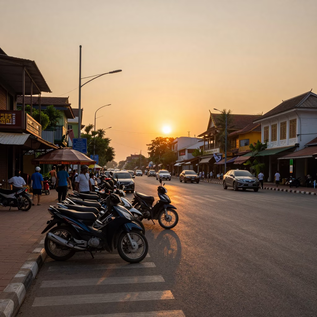 Phnom Penh Street Scene at Sunset with Motorbikes and Traditional Khmer Architecture in in Phnom Penh, Cambodia