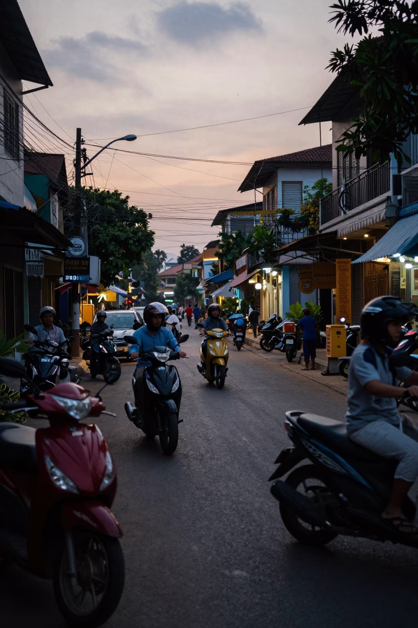 Phnom Penh street scene before dawn with scooters and local food vendors in in Phnom Penh, Cambodia