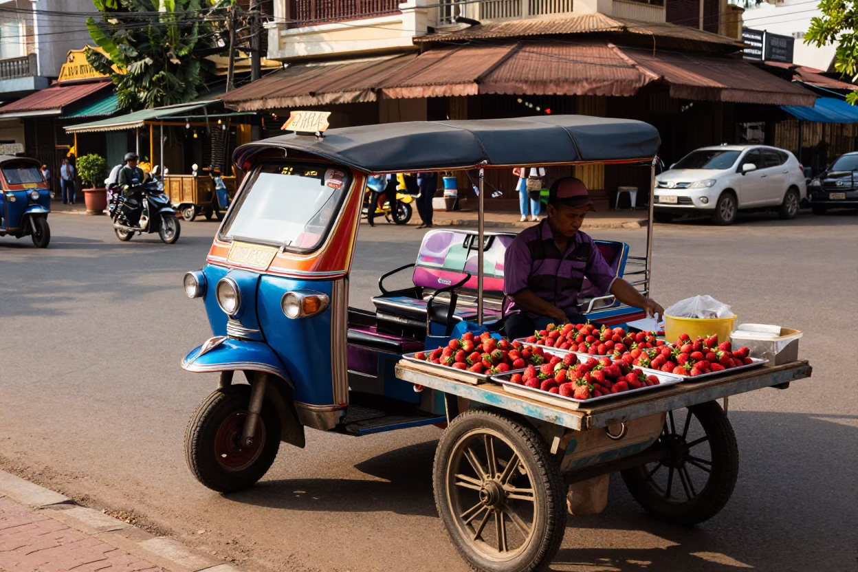 Phnom Penh Street Scene Early Afternoon with Tuk-Tuk and Local Vendor in in Phnom Penh, Cambodia