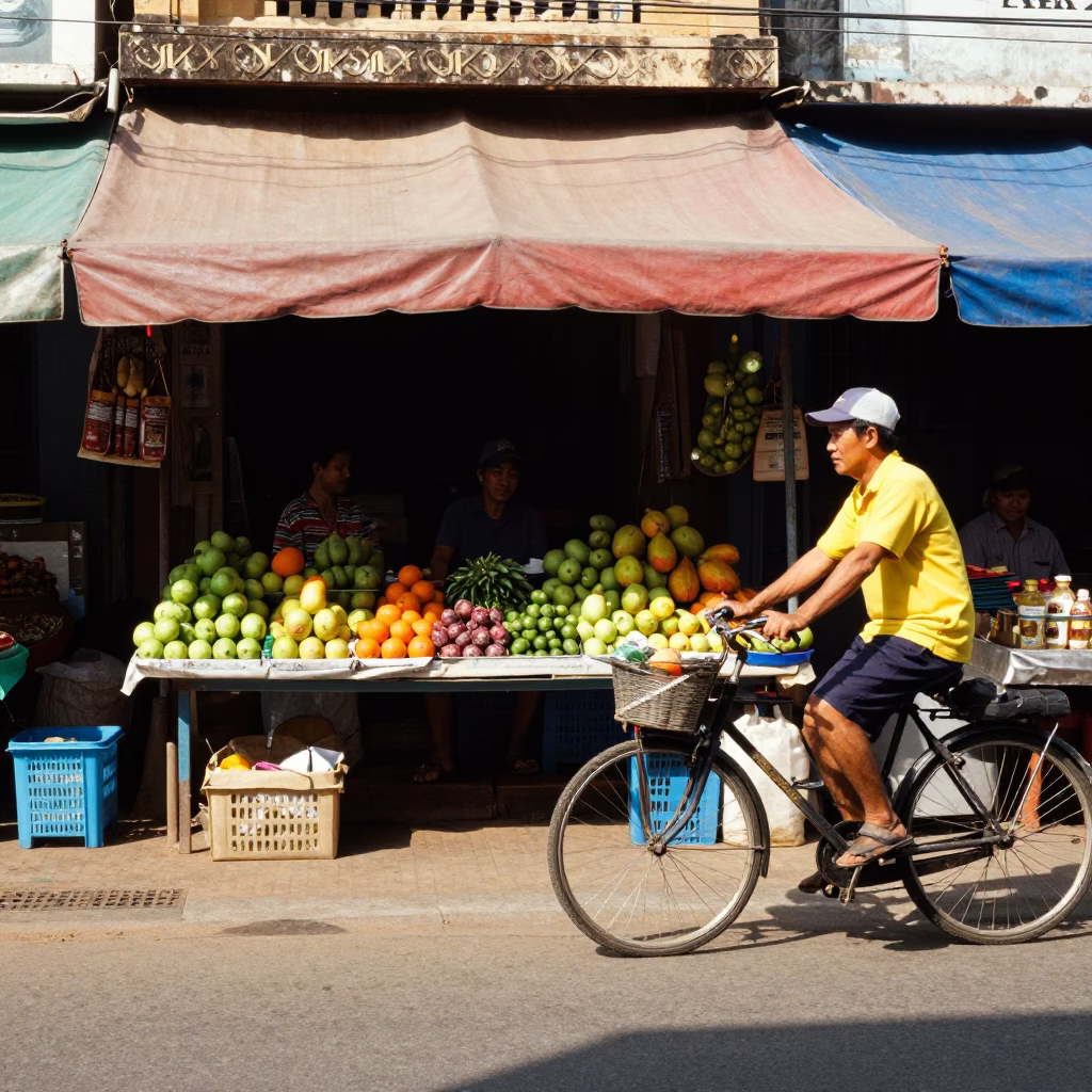 Phnom Penh Street Scene Noon Light Cyclist Passing Market Stall in in Phnom Penh, Cambodia