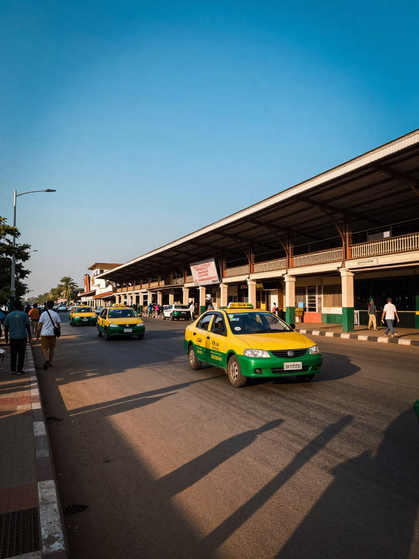 Phnom Penh Street Scene with Taxi Rank Outside Train Station at Twilight in in Phnom Penh, Cambodia