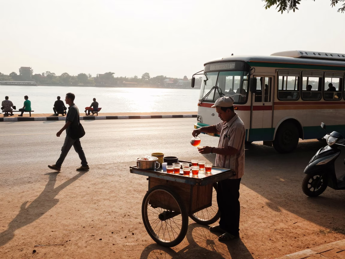 Phnom Penh street scene with tea seller and trolley bus after sunrise in in Phnom Penh, Cambodia
