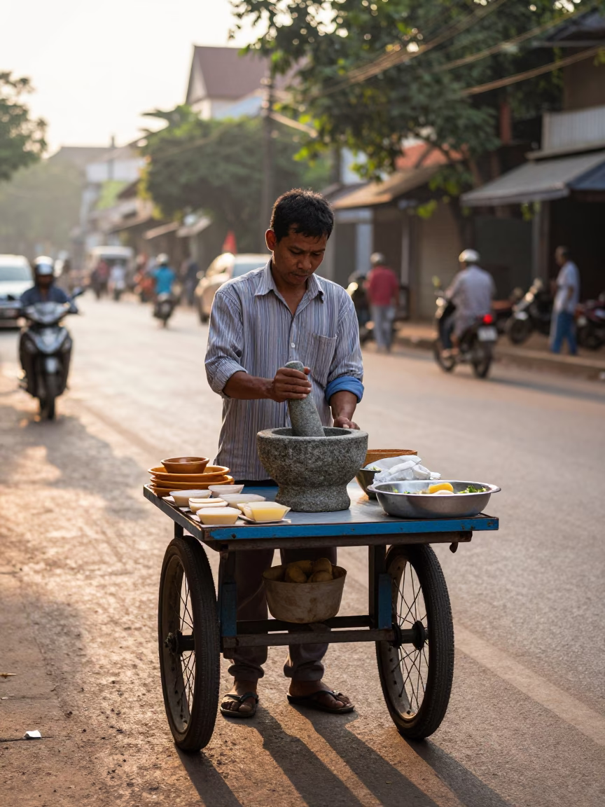 Phnom Penh street vendor breakfast stall with mortar and pestle after sunrise in in Phnom Penh, Cambodia