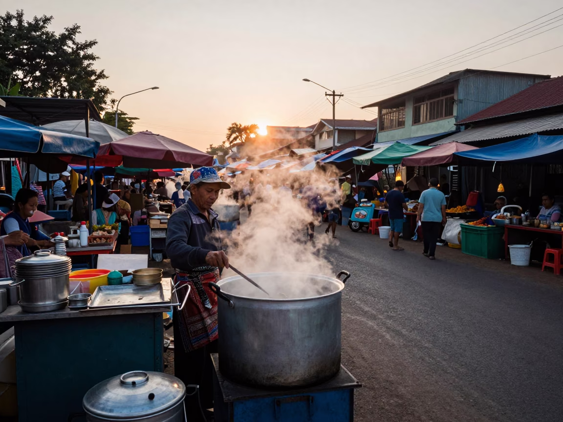 Phnom Penh Street Vendor Dawn Market with Steam and Local Commerce in in Phnom Penh, Cambodia
