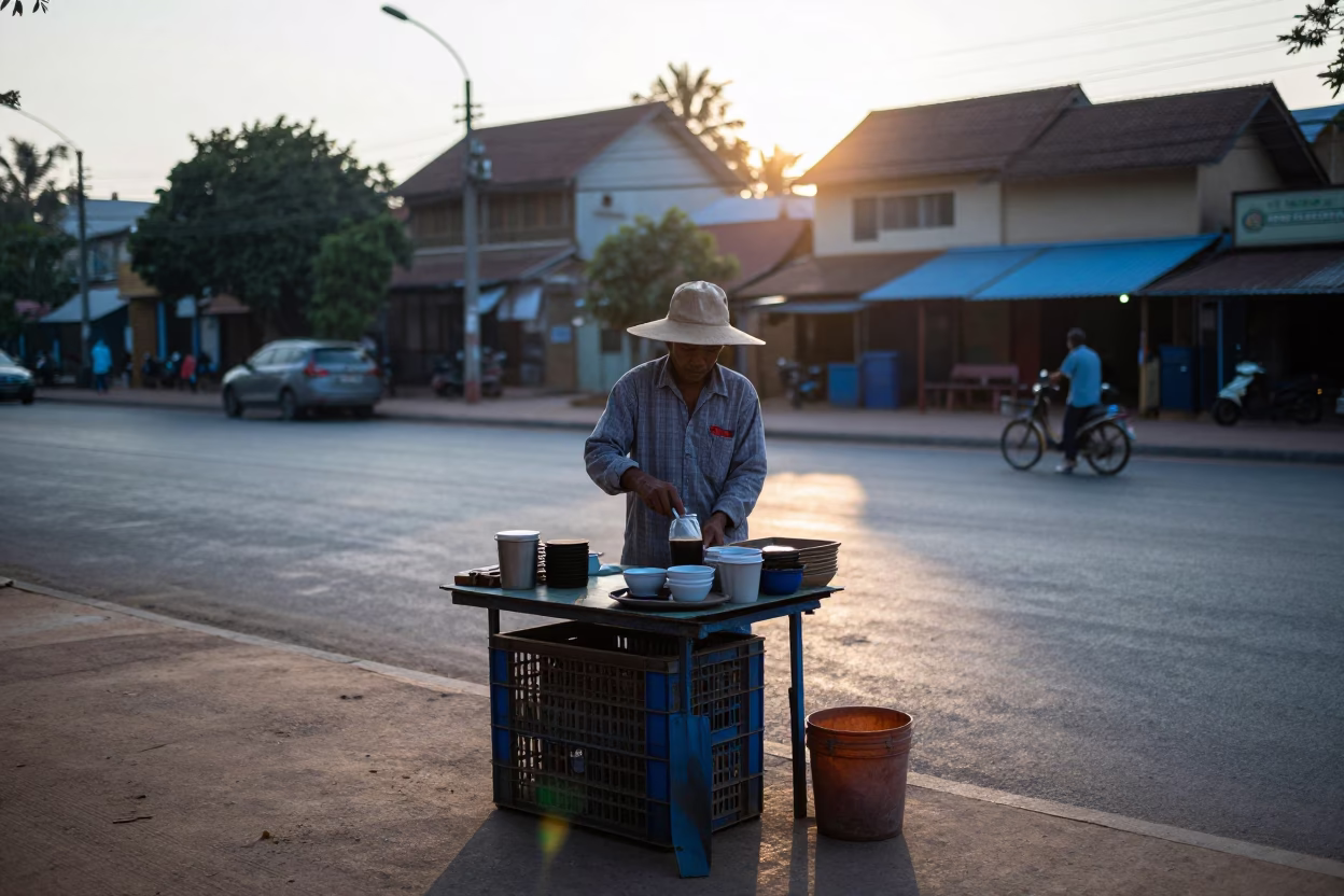 Phnom Penh Street Vendor Preparing Coffee Before Sunrise with Crate and Accordion in in Phnom Penh, Cambodia