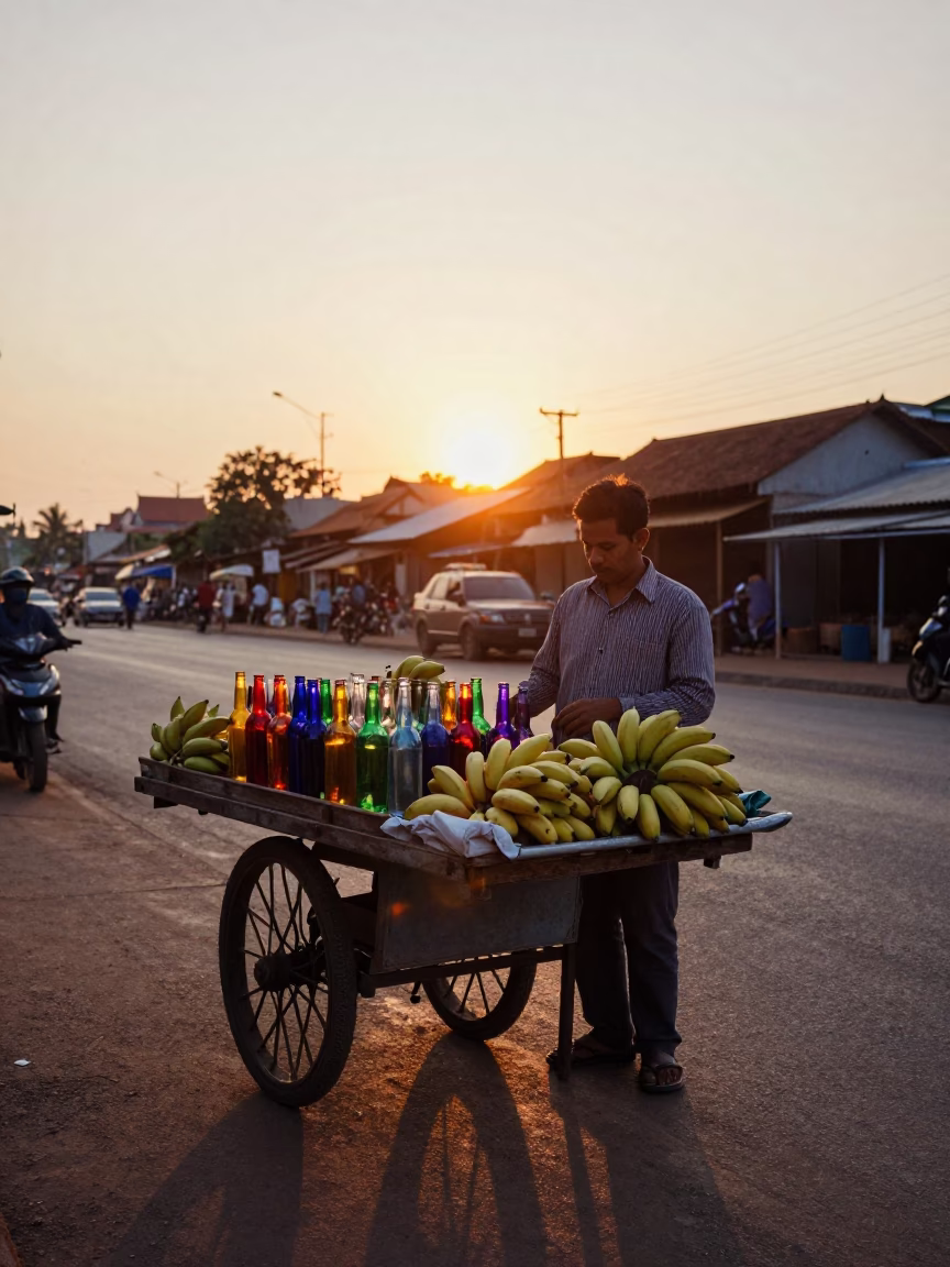 Phnom Penh Street Vendor Selling Fresh Bananas and Colored Glass Bottles at Sunset Horizon in in Phnom Penh, Cambodia