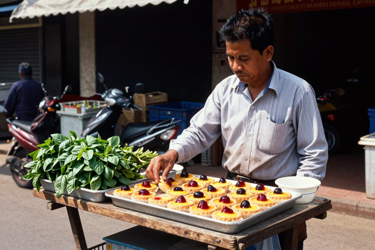 Phnom Penh Street Vendor Selling Fresh Basil and Fruit Tarts in Bright Midmorning Light in in Phnom Penh, Cambodia