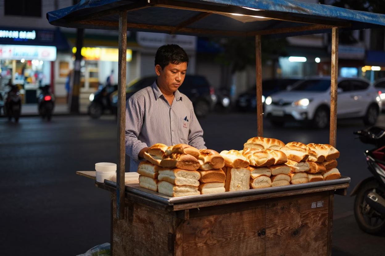 Phnom Penh street vendor selling fresh bread boards under city lights in in Phnom Penh, Cambodia