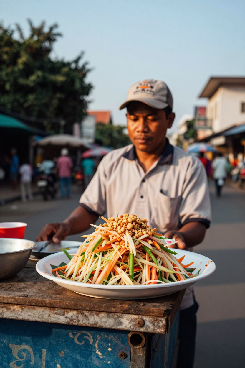 Phnom Penh street vendor selling fresh papaya salad with peanuts in late afternoon light in in Phnom Penh, Cambodia
