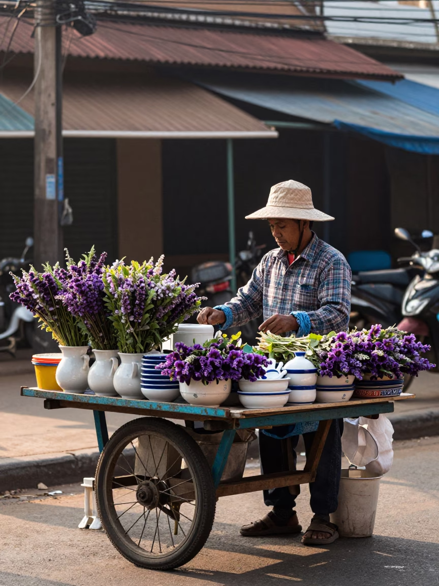 Phnom Penh Street Vendor Selling Fresh Violets and Kitchen Utensils After Sunrise in in Phnom Penh, Cambodia