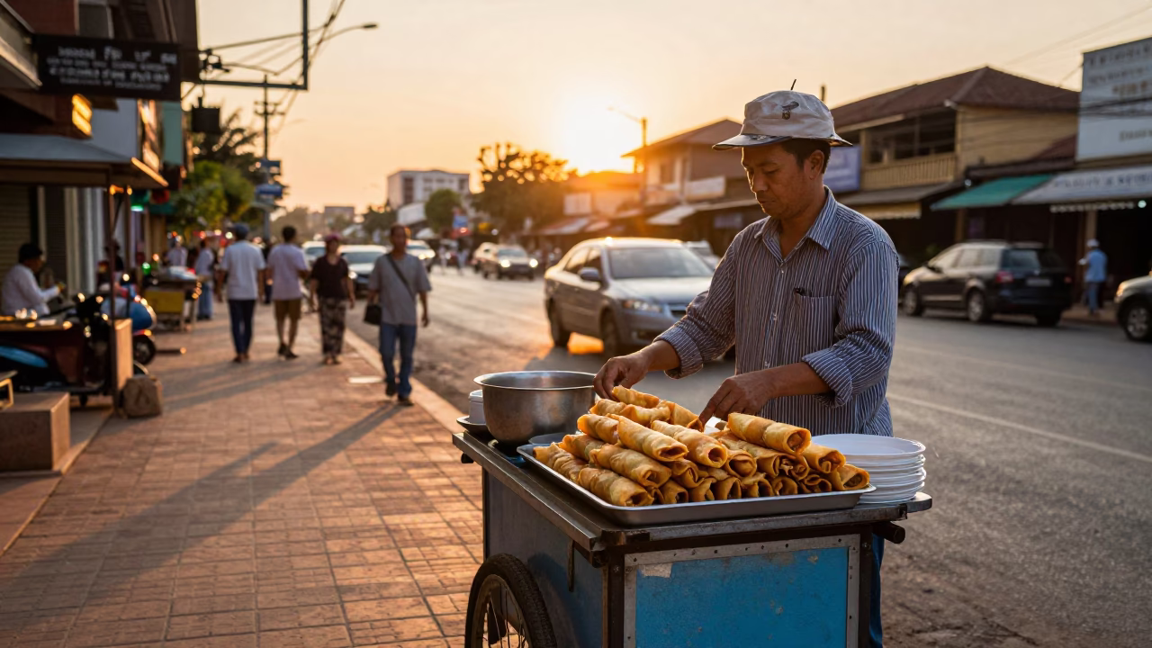 Phnom Penh Street Vendor Selling Lumpia Spring Rolls at Sunset in Cambodia in in Phnom Penh, Cambodia