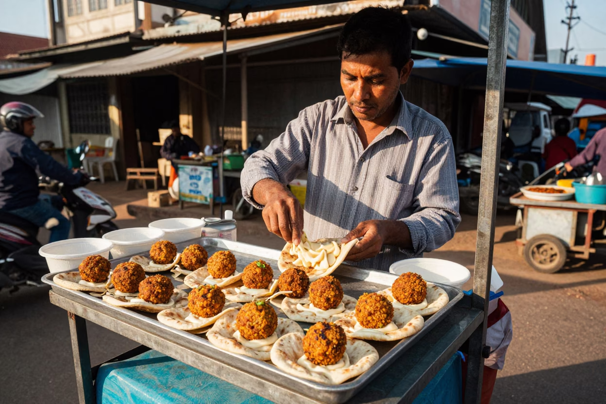 Phnom Penh Street Vendor Serving Falafel in Pita with Tahini in Late Afternoon Light in in Phnom Penh, Cambodia
