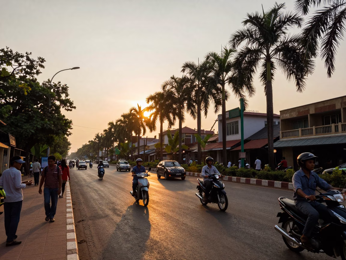 Phnom Penh Streets at Sunset Light in in Phnom Penh, Cambodia