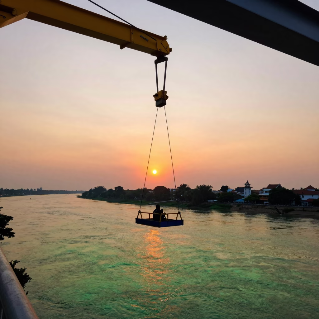 Phnom Penh Sunset Bridge Maintenance Cradle Hanging Above Green River Water in in Phnom Penh, Cambodia