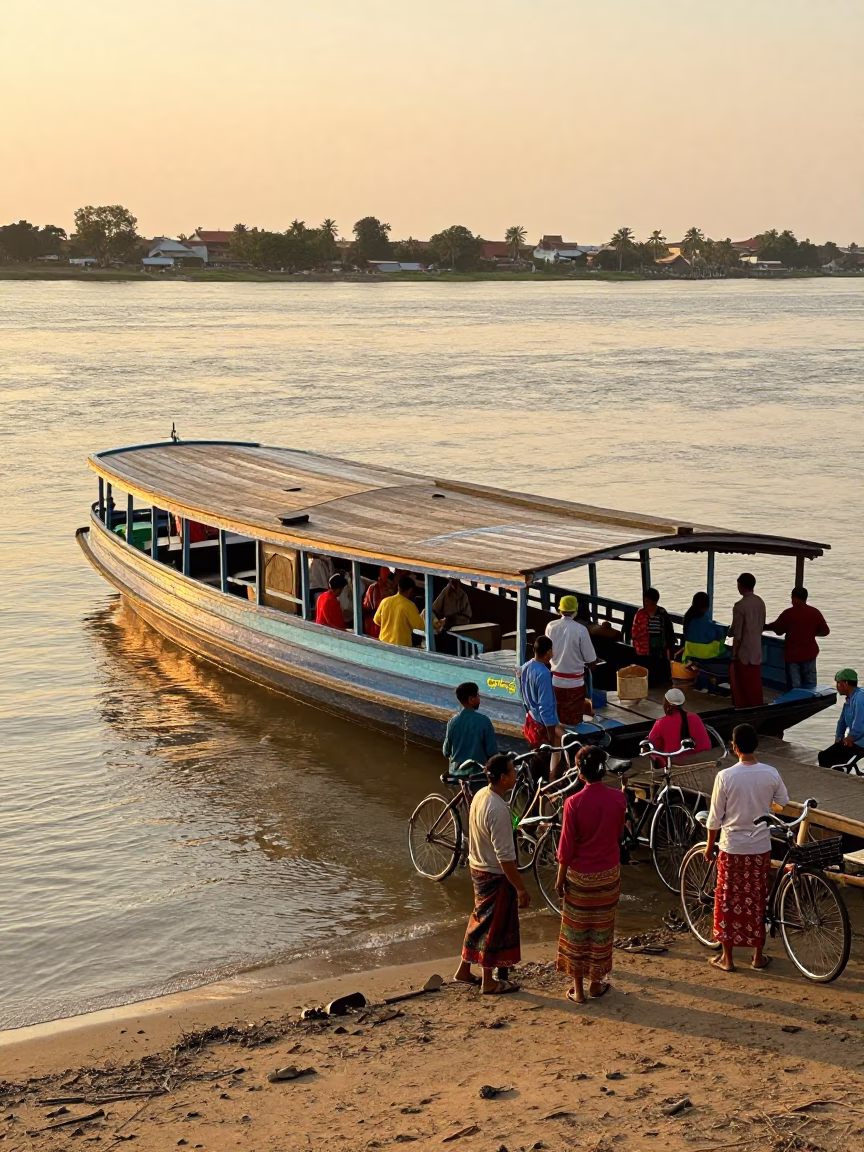 Phnom Penh Sunset Ferry Dock Loading Passengers and Bicycles in Cambodia in in Phnom Penh, Cambodia